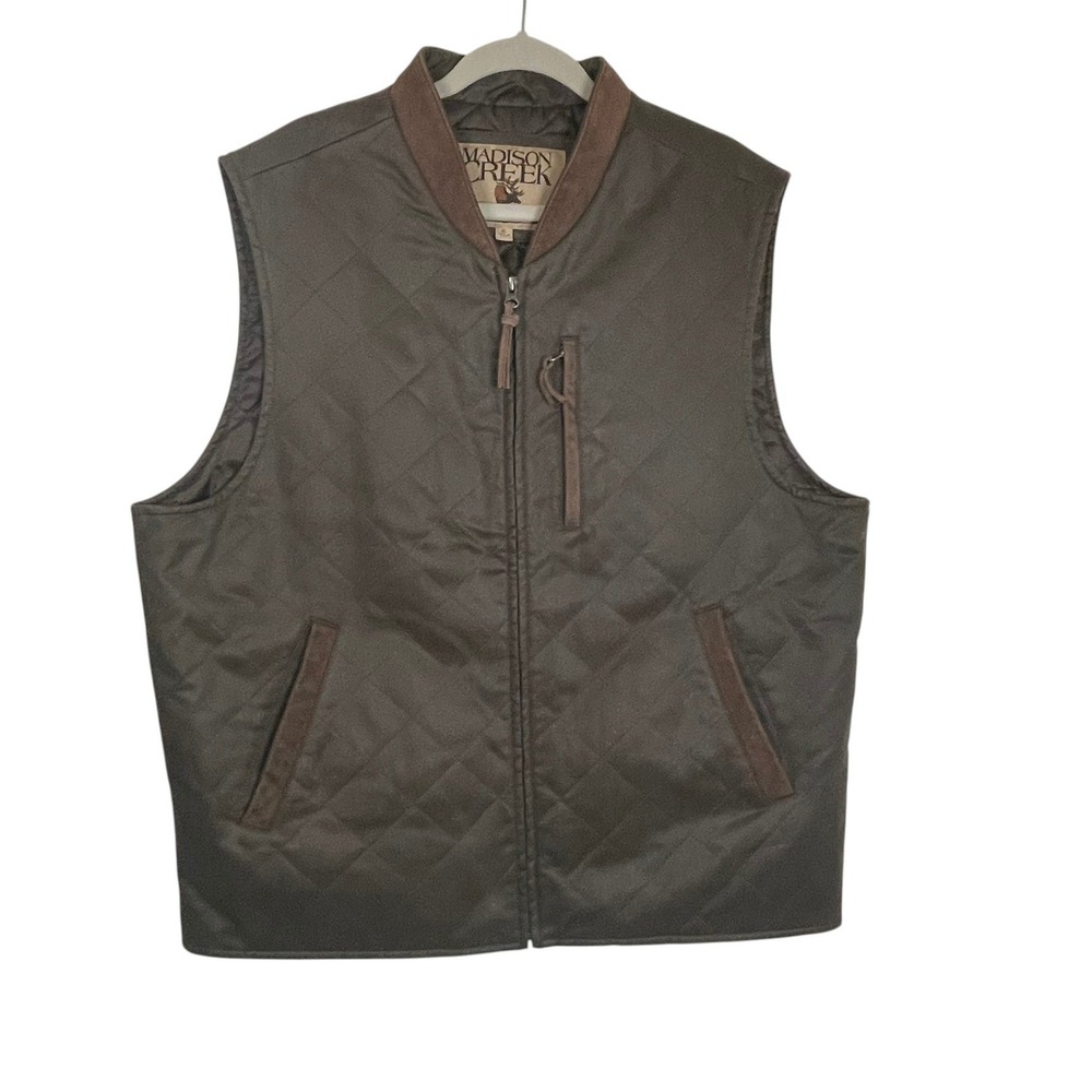 Madison Creek Outfitters XL Olive Quilted Vest Leather Trim Outdoor Ranch